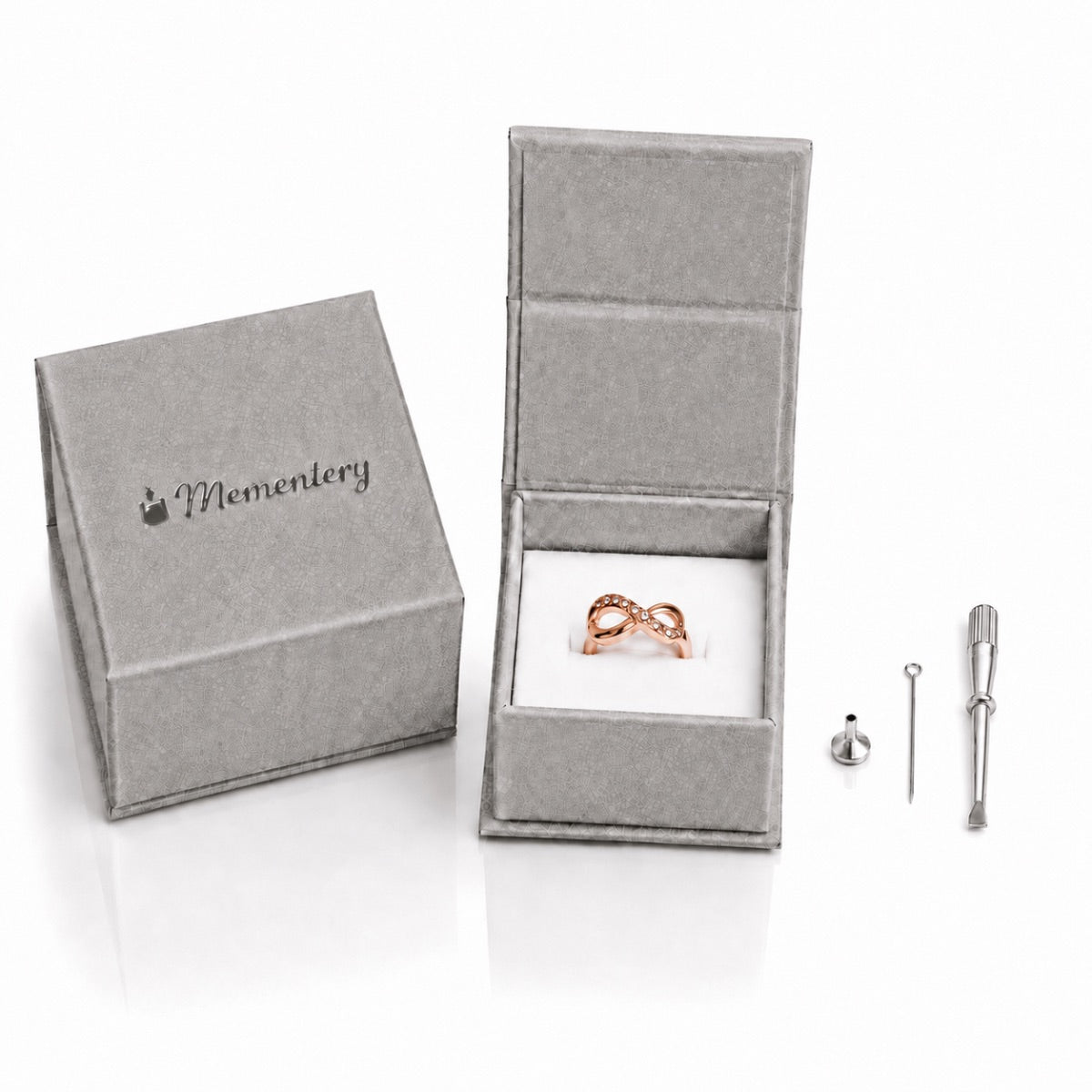 Coffret Mementery avec Bague Mémoire Infinie urne rose et kit de remplissage inclus