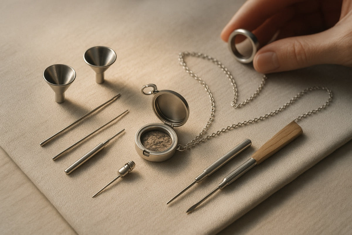 Accessoires pour bijou urne commémoratif comprenant entonnoirs et outils de remplissage avec pendentif ouvert et chaîne en acier inoxydable