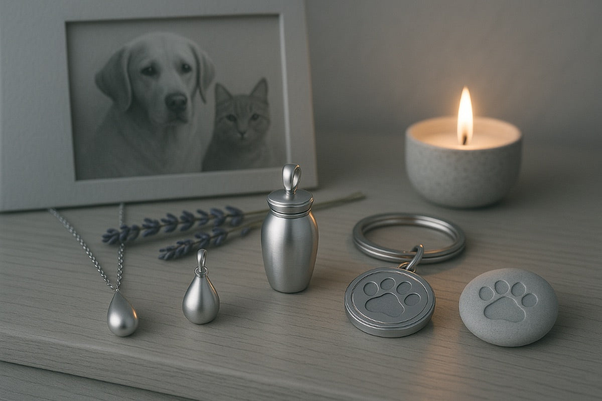 Bijoux et urnes commémoratives pour animaux avec pendentifs et porte-clés à empreinte de patte, bougie allumée et photo de chien et chat en arrière-plan