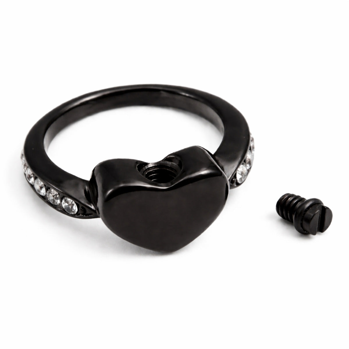 Détail du compartiment interne sécurisé de la Bague Cœur du Souvenir urne noir avec fermeture à vis