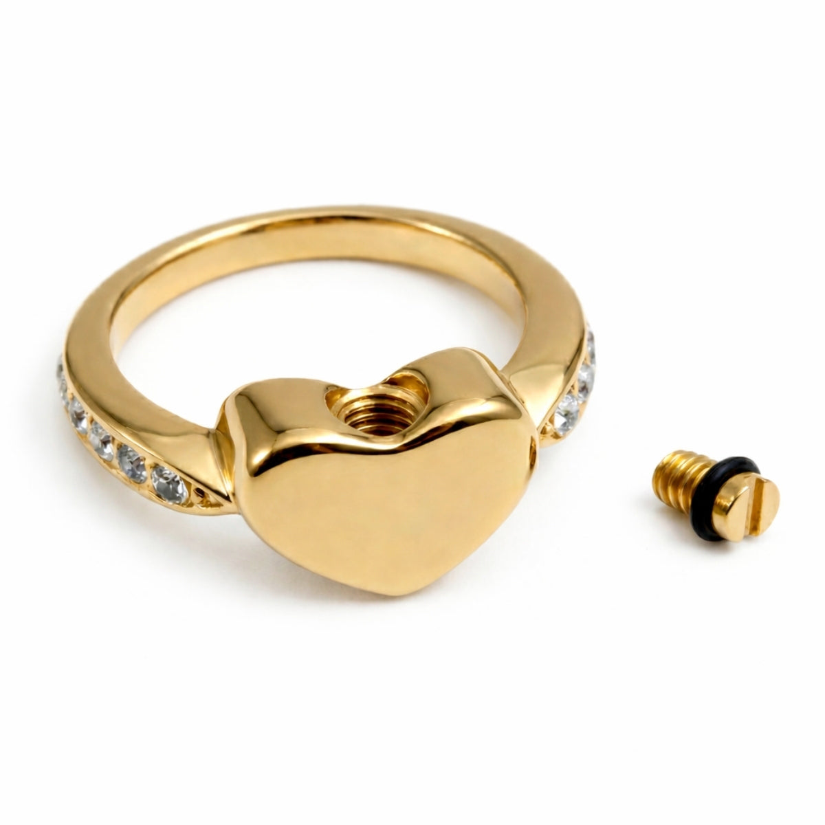 Détail du compartiment interne sécurisé de la Bague Cœur du Souvenir urne doré avec fermeture à vis