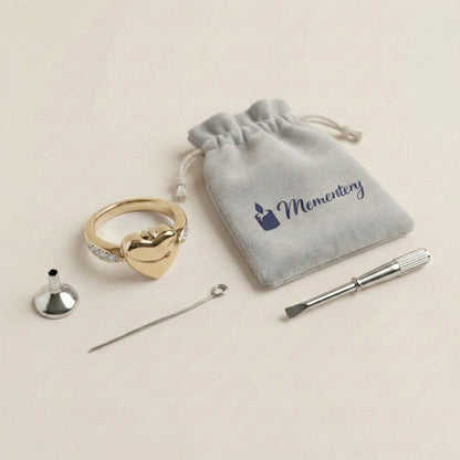 Coffret Mementery avec Bague Cœur du Souvenir urne doré et kit de remplissage inclus