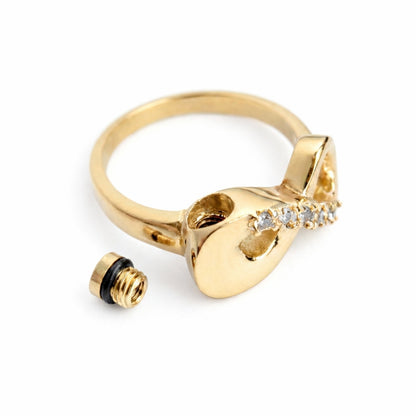 Détail du compartiment interne sécurisé de la Bague Mémoire Infinie urne doré avec fermeture à vis