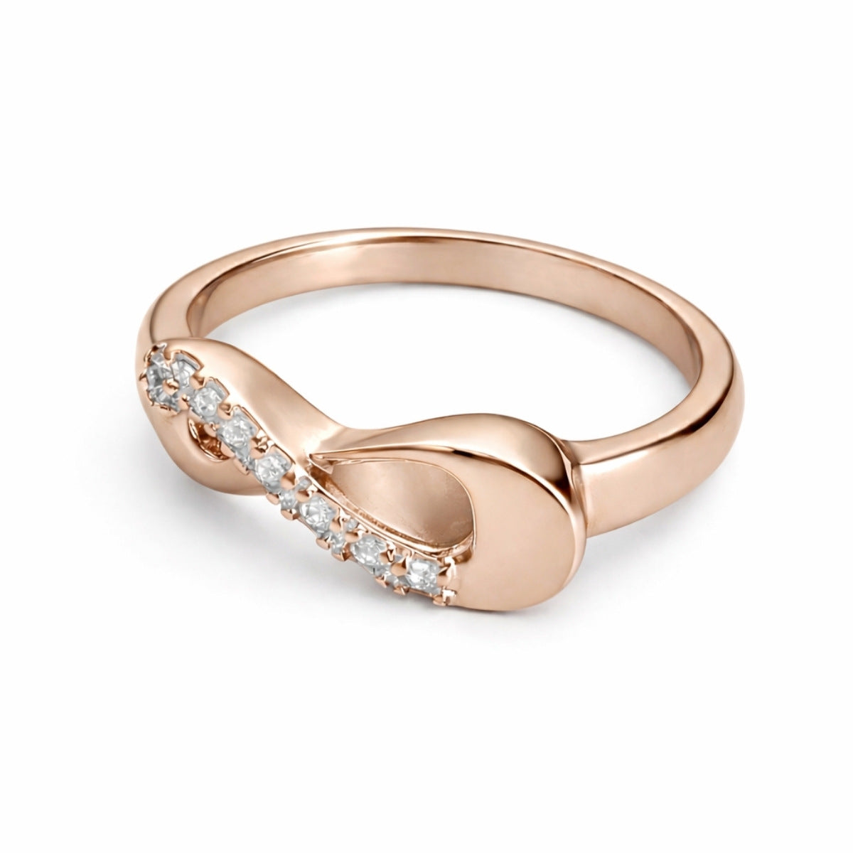 Vue 3/4 de la Bague Mémoire Infinie urne rose avec motif infini et finition lumineuse