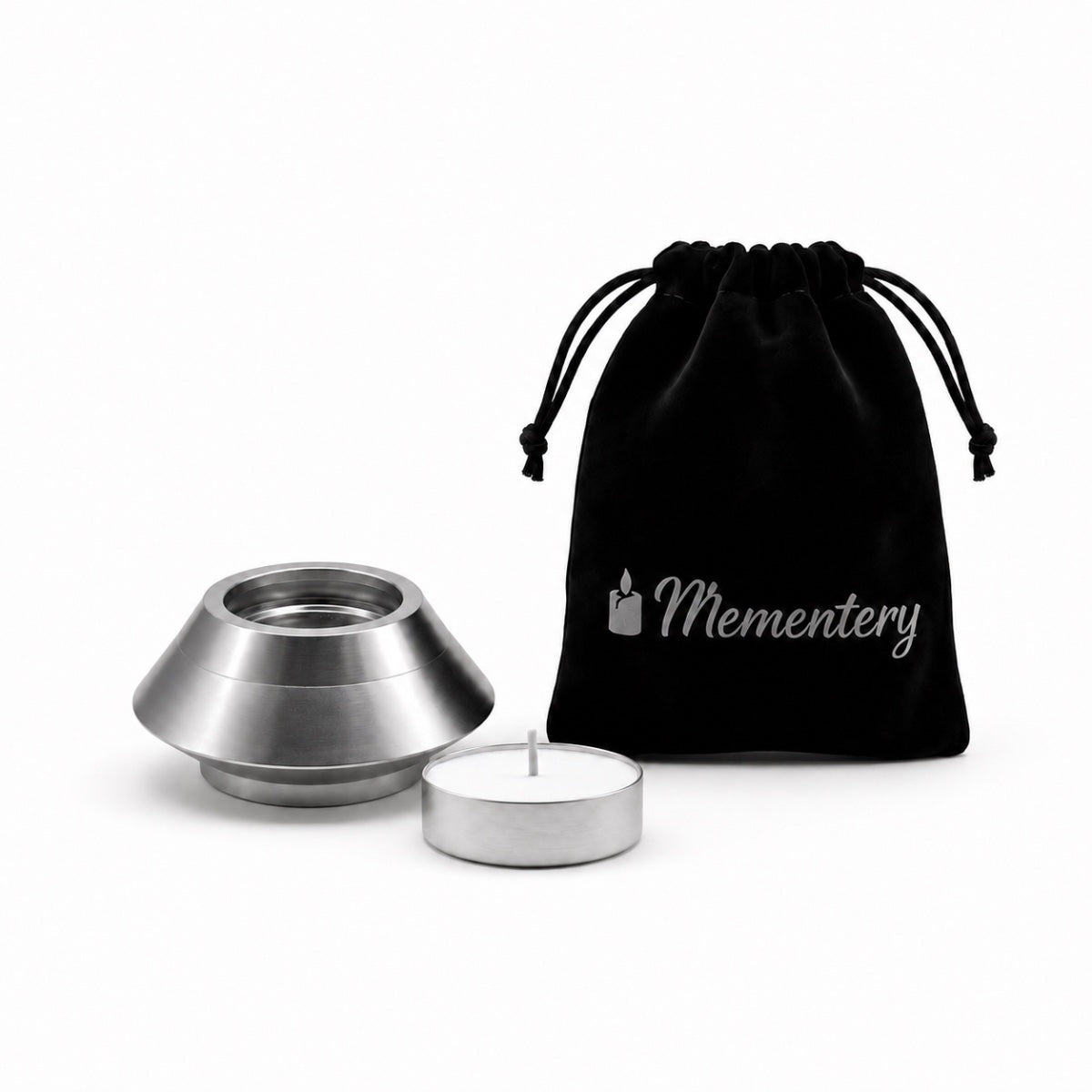 Coffret Mementery avec bougie souvenir argenté , bougie incluse et pochon de rangement