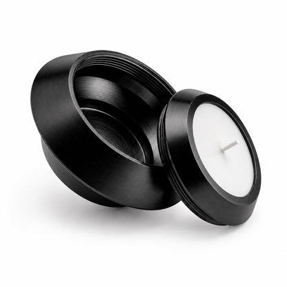 Vue ouverte de la bougie souvenir noir en acier inoxydable avec espace discret intégré