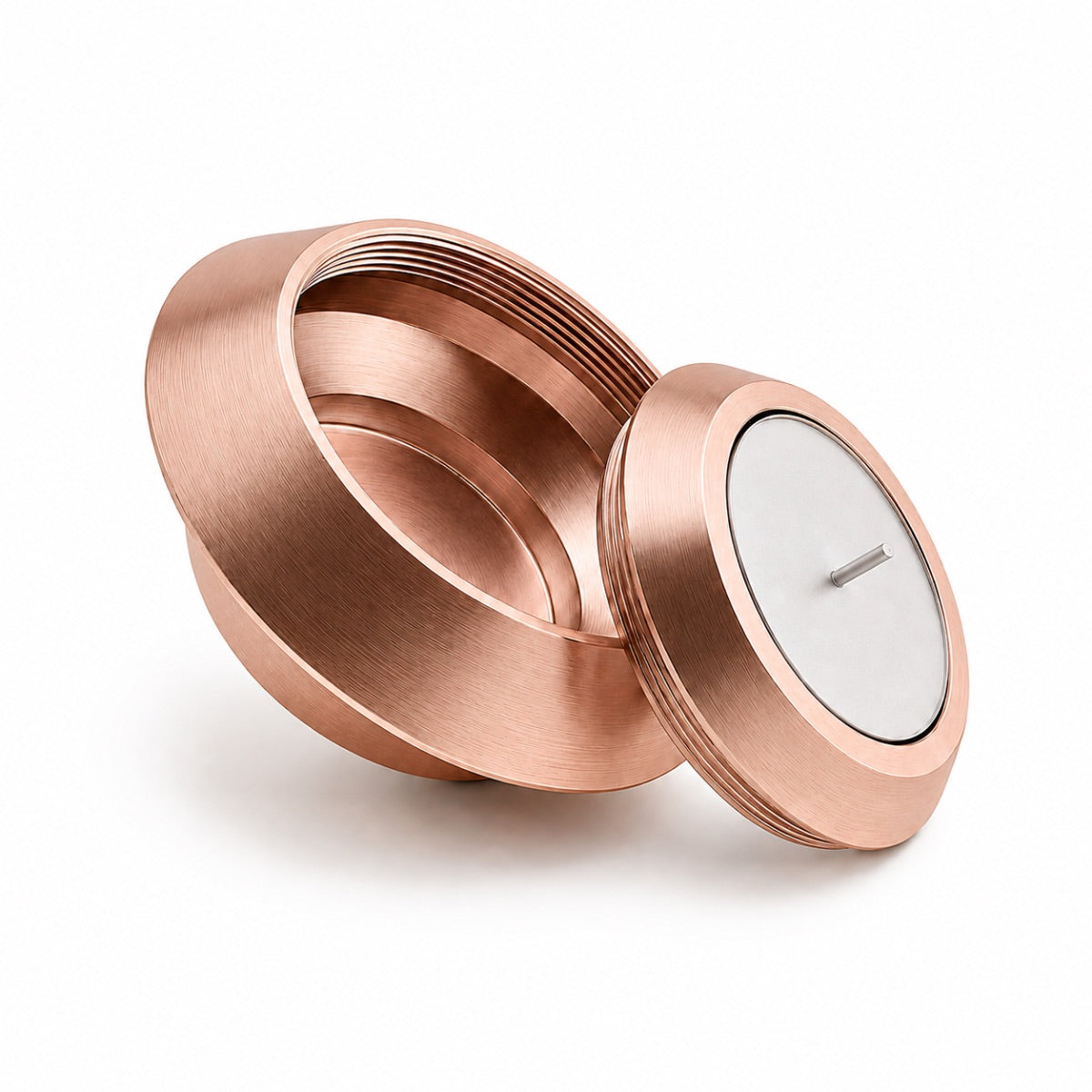 Vue ouverte de la bougie souvenir rose en acier inoxydable avec espace discret intégré