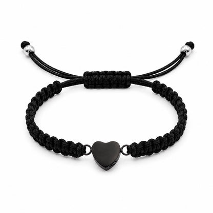 Bracelet cœur relié avec pendentif cœur en acier inoxydable noir et cordon tressé ajustable Mementery