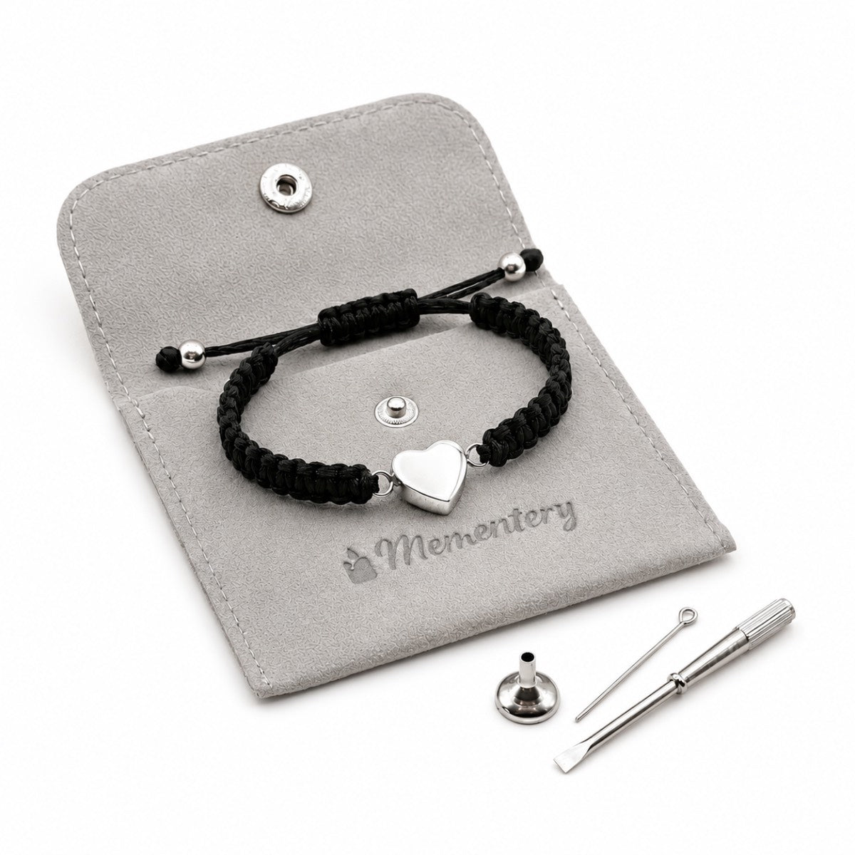 Coffret Mementery avec bracelet cœur relié et pendentif cœur argenté en acier inoxydable, kit de remplissage et pochette inclus