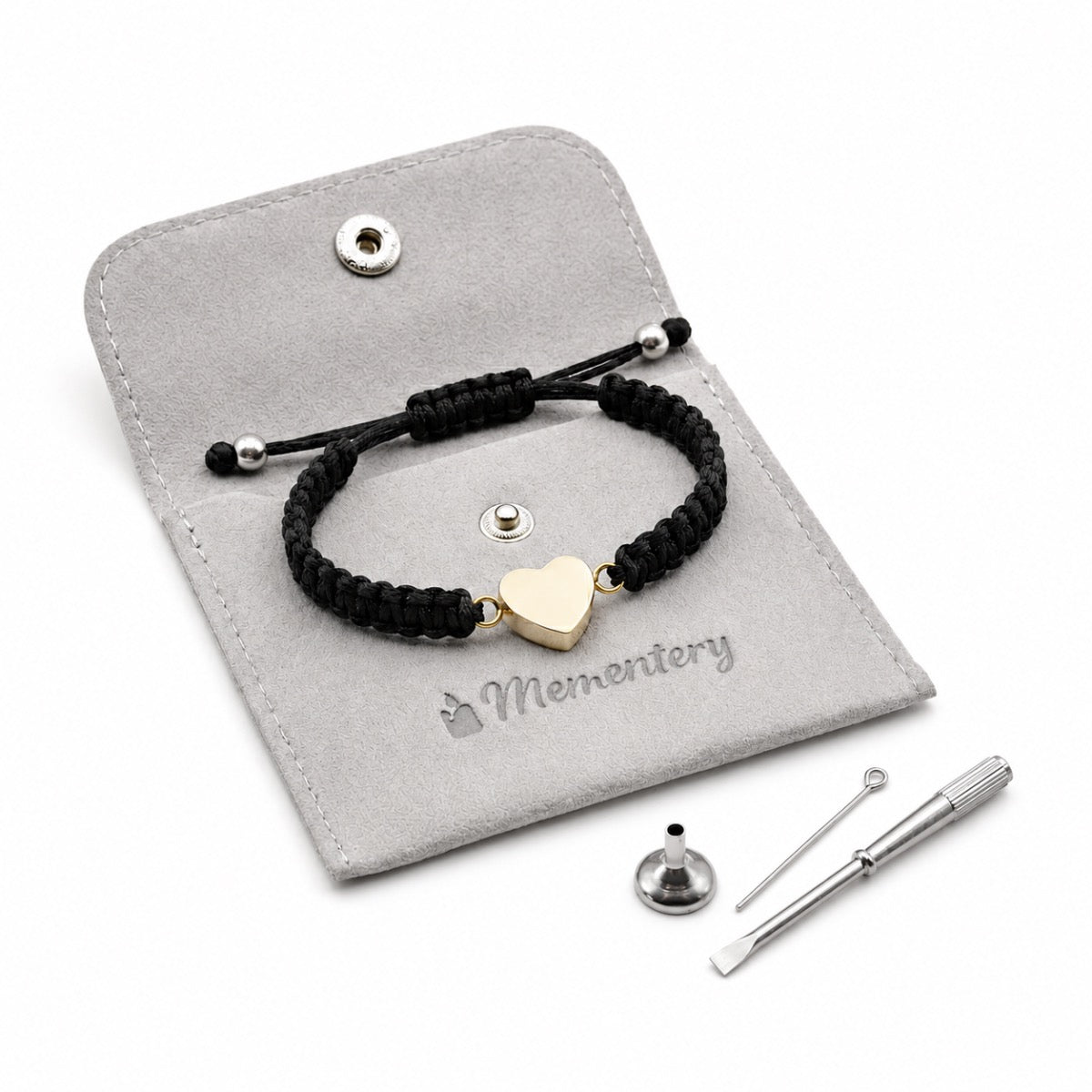 Coffret Mementery avec bracelet cœur relié et pendentif cœur dore en acier inoxydable, kit de remplissage et pochette inclus