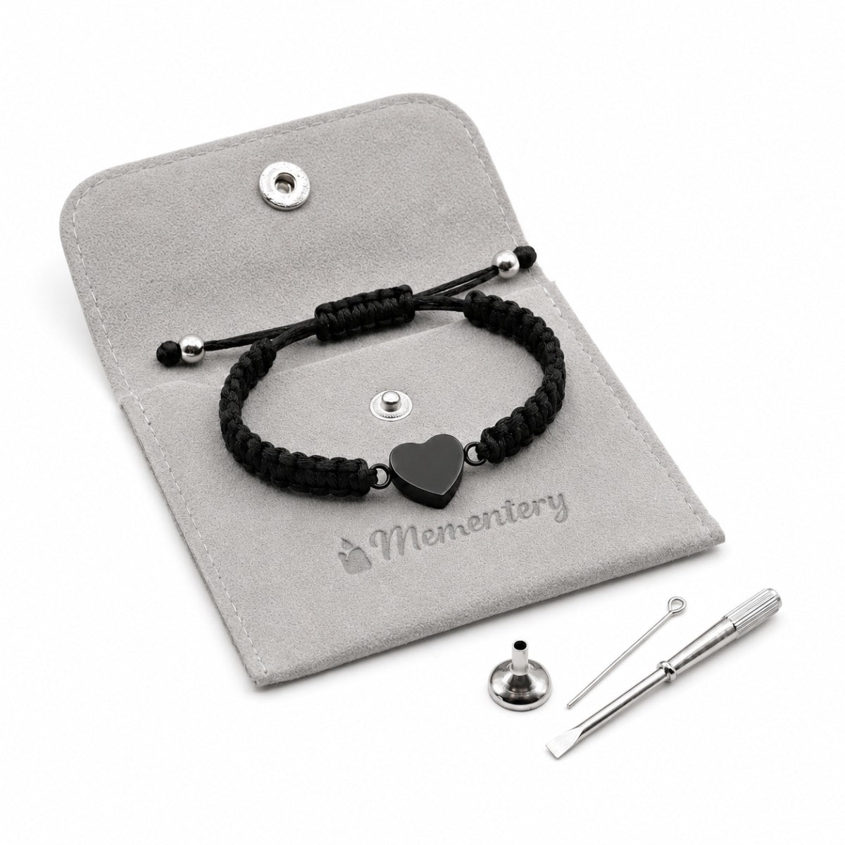 Coffret Mementery avec bracelet cœur relié et pendentif cœur noir en acier inoxydable, kit de remplissage et pochette inclus