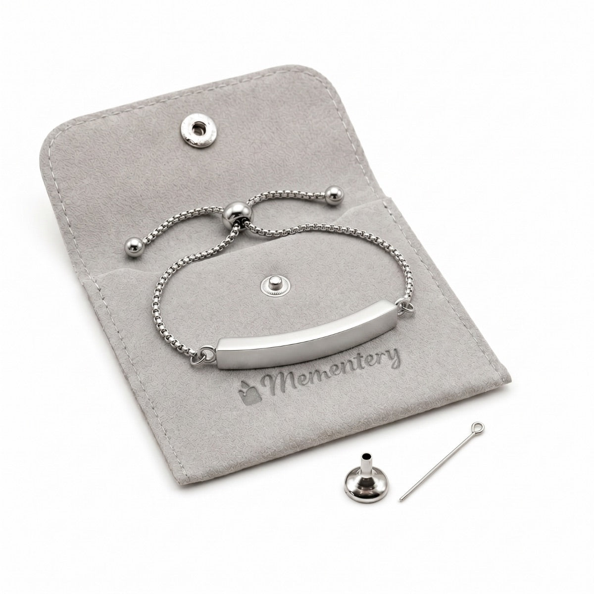 Coffret Mementery avec bracelet Lien Éternel argenté, pochon velours et kit de remplissage inclus