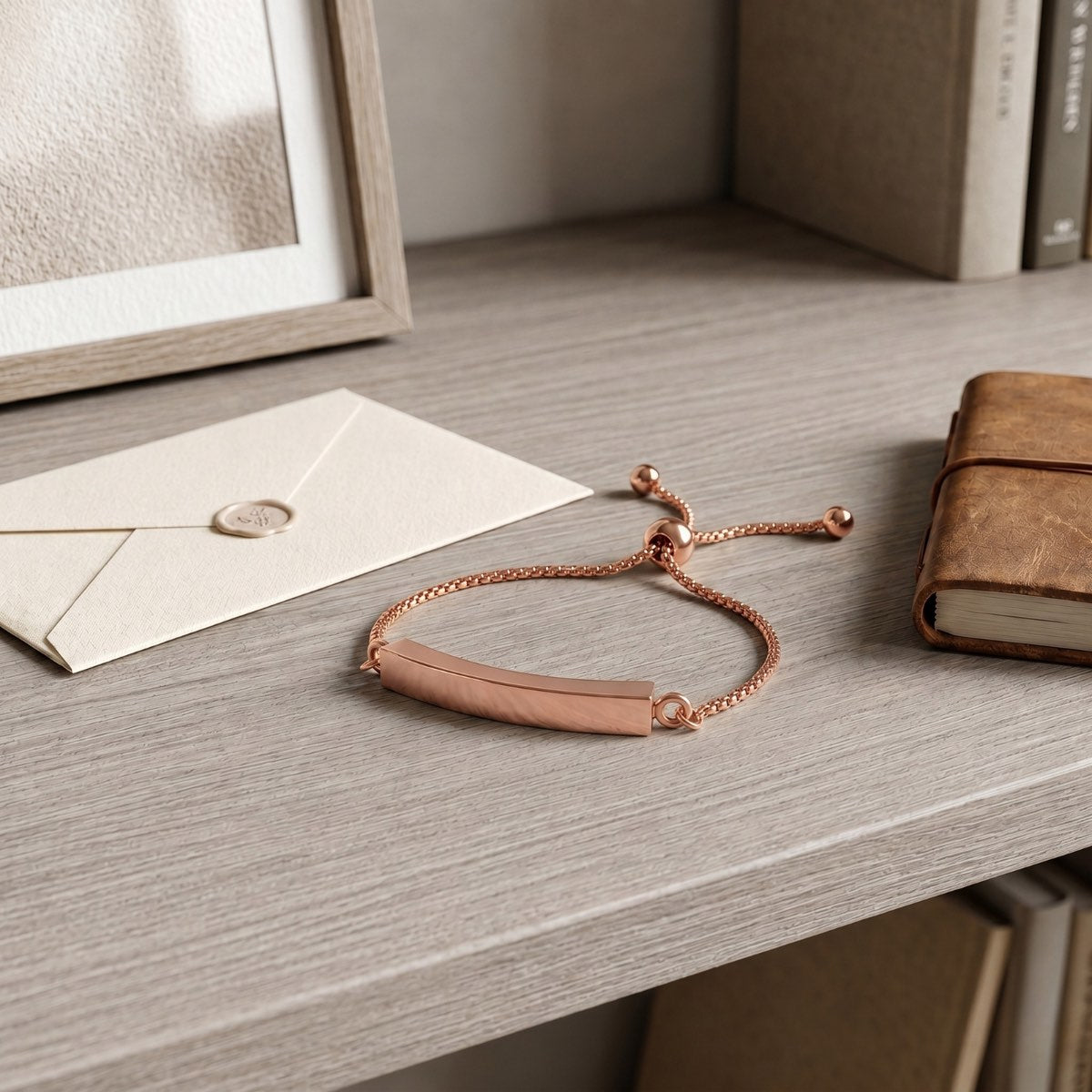 Bracelet Lien Éternel en acier inoxydable rose dans une ambiance élégante et minimaliste