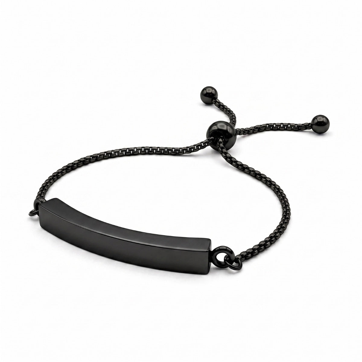Vue 3/4 du bracelet Lien Éternel urne en acier inoxydable noir mettant en valeur sa barre minimaliste et son compartiment intégré