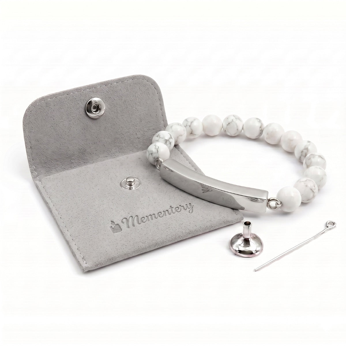 Coffret Mementery avec bracelet pierre du souvenir blanc metal-gris et accessoires inclus