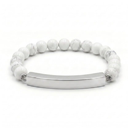 Bracelet pierre du souvenir blanc metal-gris avec perles effet marbre blanc et barre en acier inoxydable Mementery