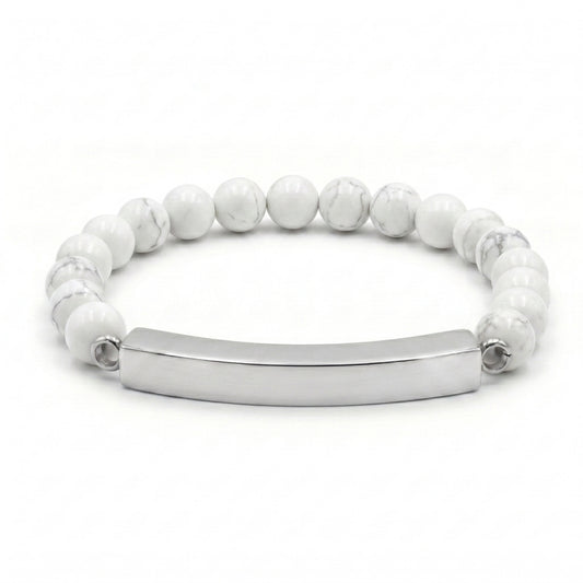 Bracelet pierre du souvenir blanc metal-gris avec perles effet marbre blanc et barre en acier inoxydable Mementery