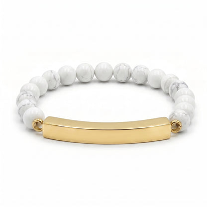 Bracelet pierre du souvenir blanc avec perles effet marbre blanc metal-jaune et barre en acier inoxydable Mementery