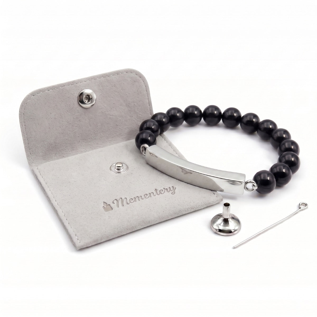 Coffret Mementery avec bracelet pierre du souvenir noir metal-gris et accessoires inclus