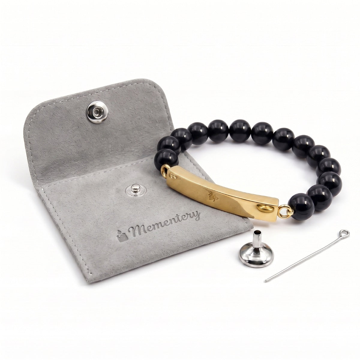 Coffret Mementery avec bracelet pierre du souvenir noir metal-jaune et accessoires inclus