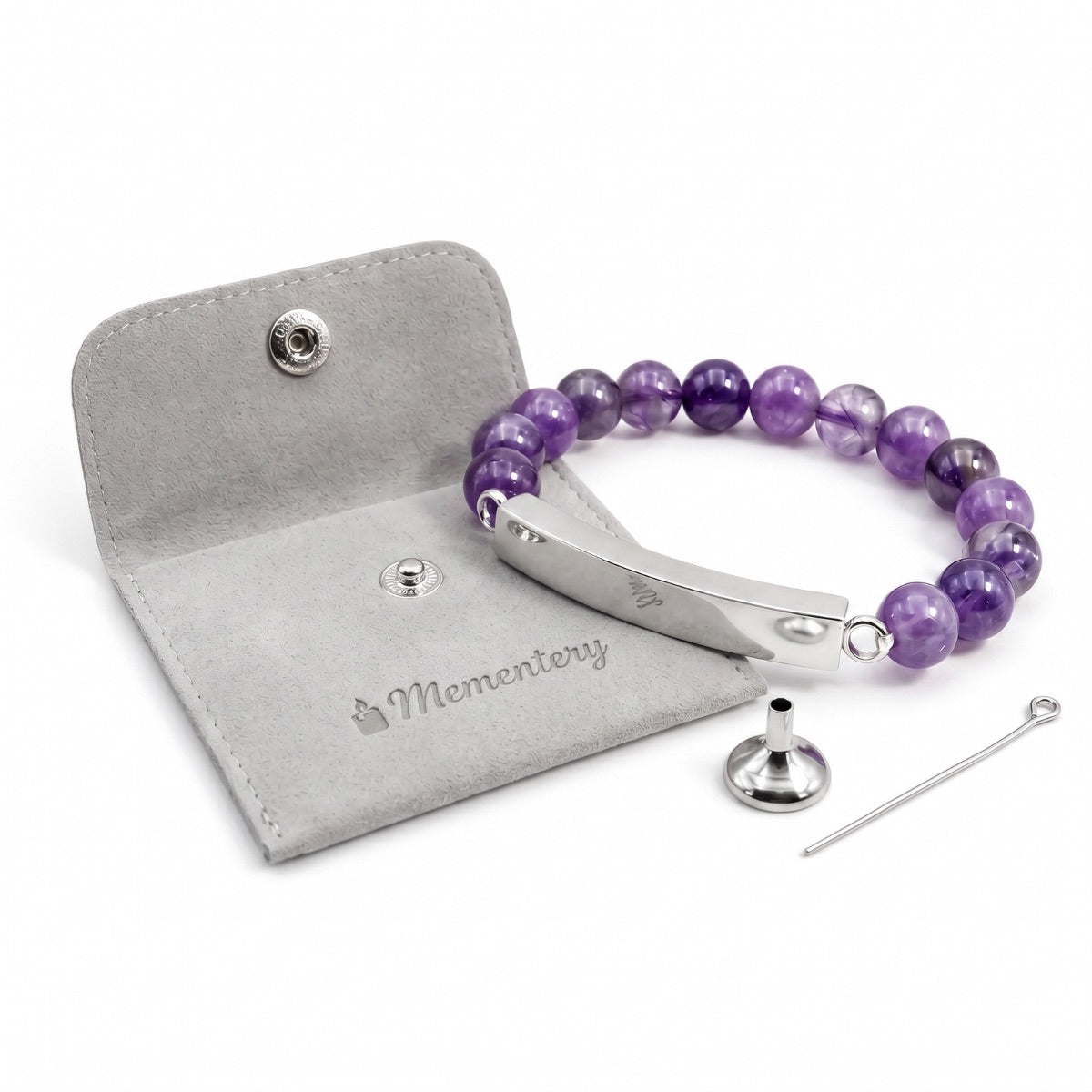 Coffret Mementery avec bracelet pierre du souvenir violet metal-gris et accessoires inclus