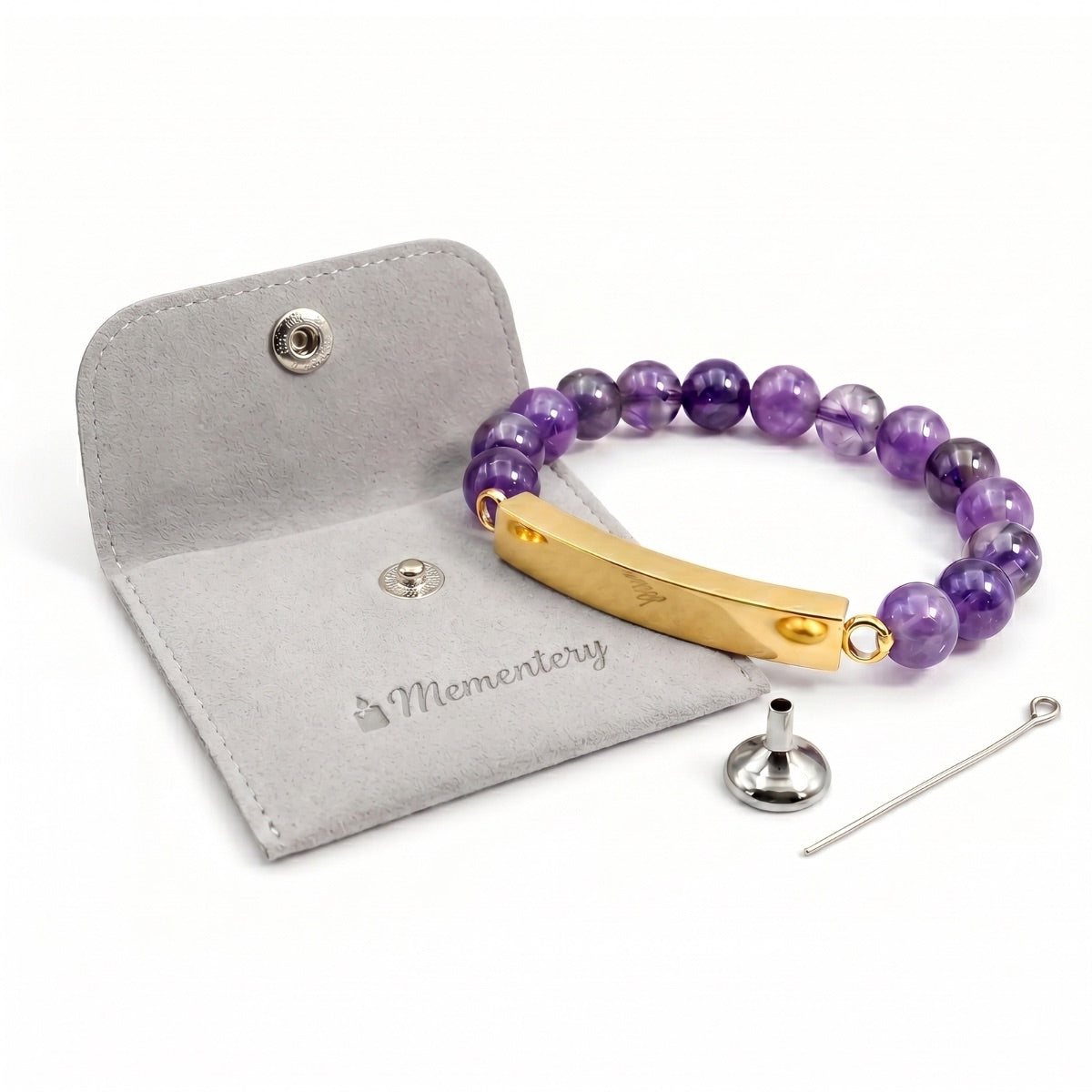 Coffret Mementery avec bracelet pierre du souvenir violet metal-jaune et accessoires inclus