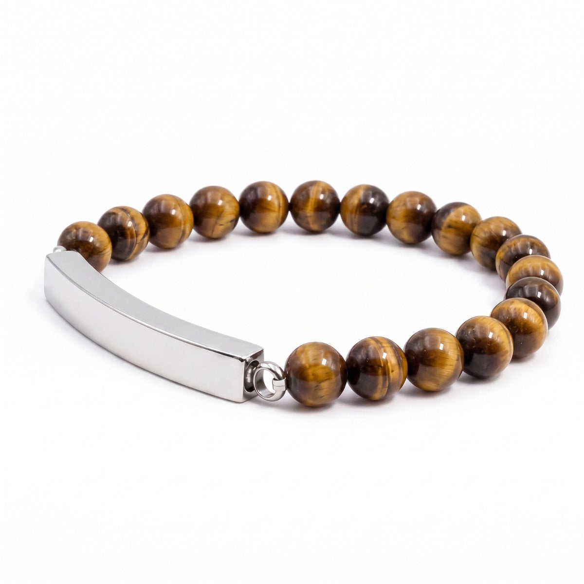 Vue 3/4 du bracelet pierre du souvenir marron metal-gris avec perles effet pierre marron et barre