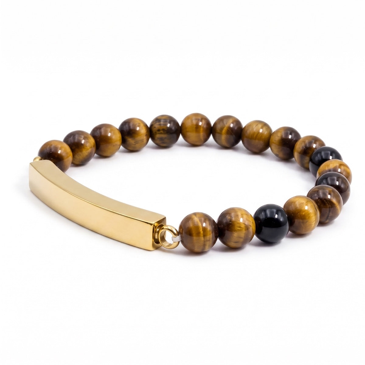 Vue 3/4 du bracelet pierre du souvenir marron metal-jaune avec perles effet pierre marron et barre