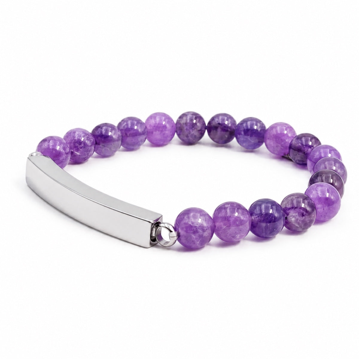 Vue 3/4 du bracelet pierre du souvenir violet metal-gris avec perles effet pierre violette et barre