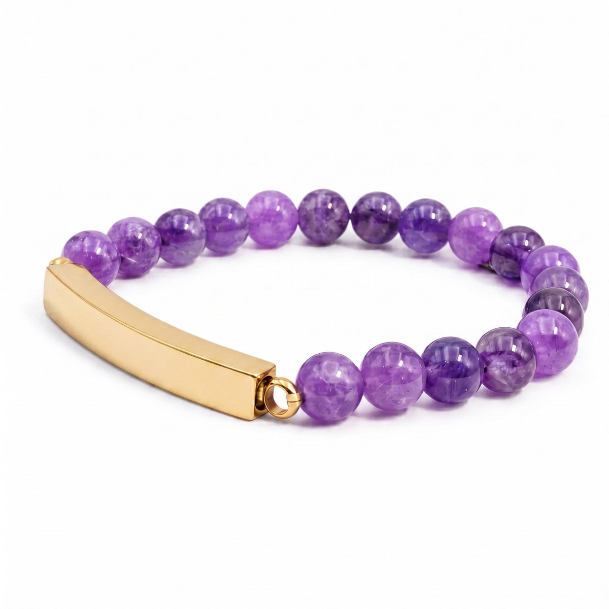 Vue 3/4 du bracelet pierre du souvenir violet metal-jaune avec perles effet pierre violette et barre