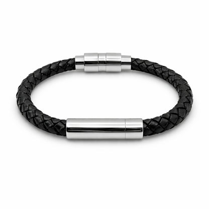 Bracelet Présence urne en cuir noir et acier inoxydable argenté avec compartiment sécurisé intégré – Mementery