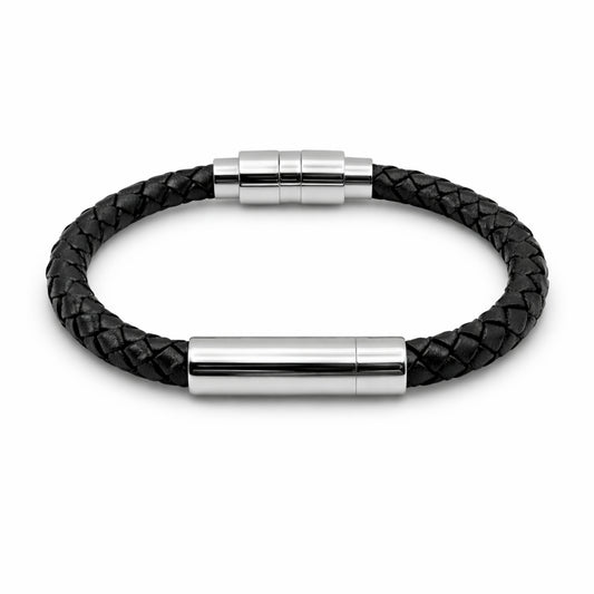 Bracelet Présence urne en cuir noir et acier inoxydable argenté avec compartiment sécurisé intégré – Mementery