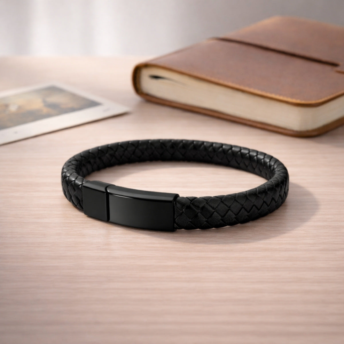 Bracelet souvenir en cuir noir et acier inoxydable noir dans une ambiance élégante et minimaliste