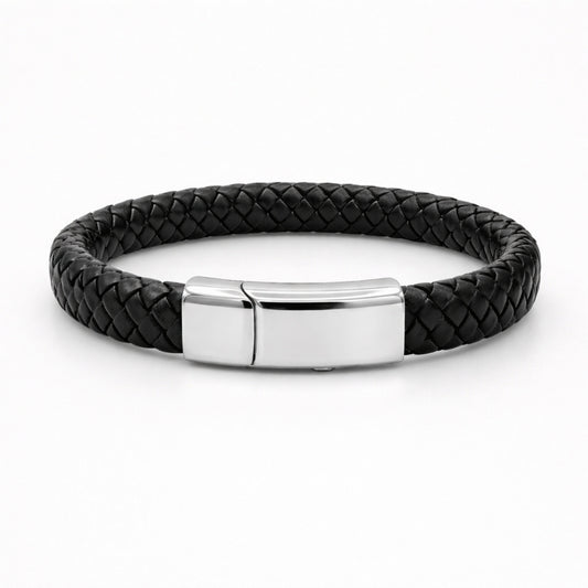 Bracelet urne en cuir tressé et acier inoxydable argenté avec compartiment sécurisé intégré – Mementery