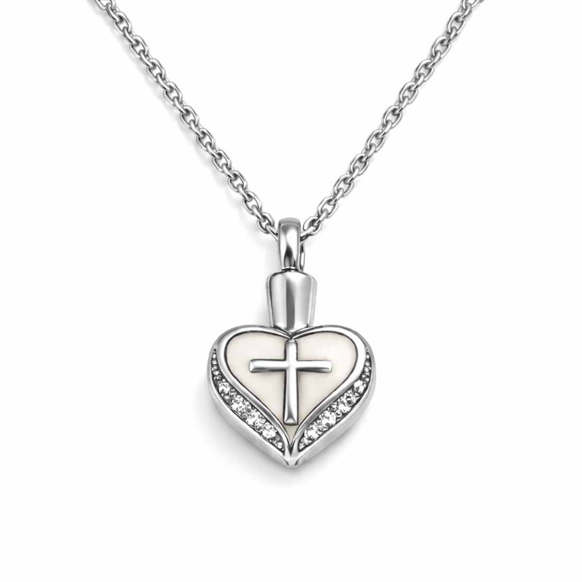 Cœur Croix du Souvenir urne argenté en acier inoxydable avec compartiment sécurisé discret – Mementery
