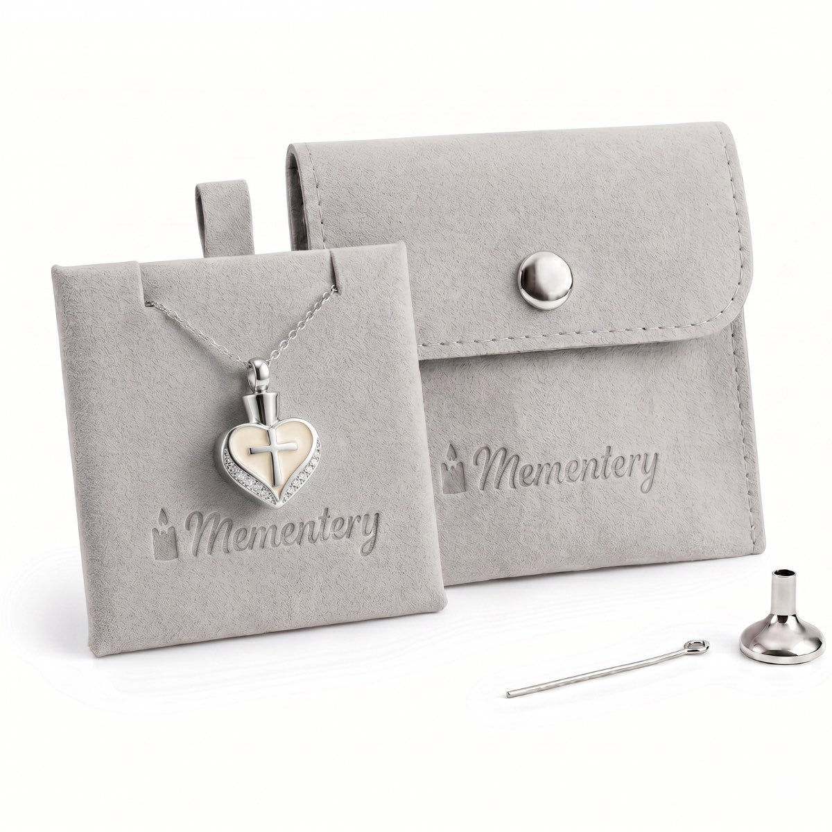 Coffret Mementery avec Cœur Croix du Souvenir urne argenté et kit de remplissage inclus