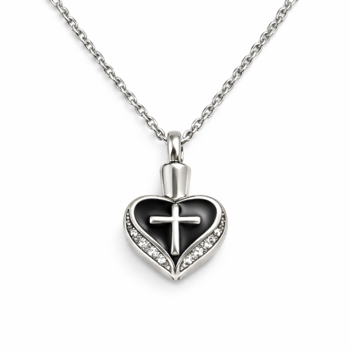 Cœur Croix du Souvenir urne noir en acier inoxydable avec compartiment sécurisé discret – Mementery
