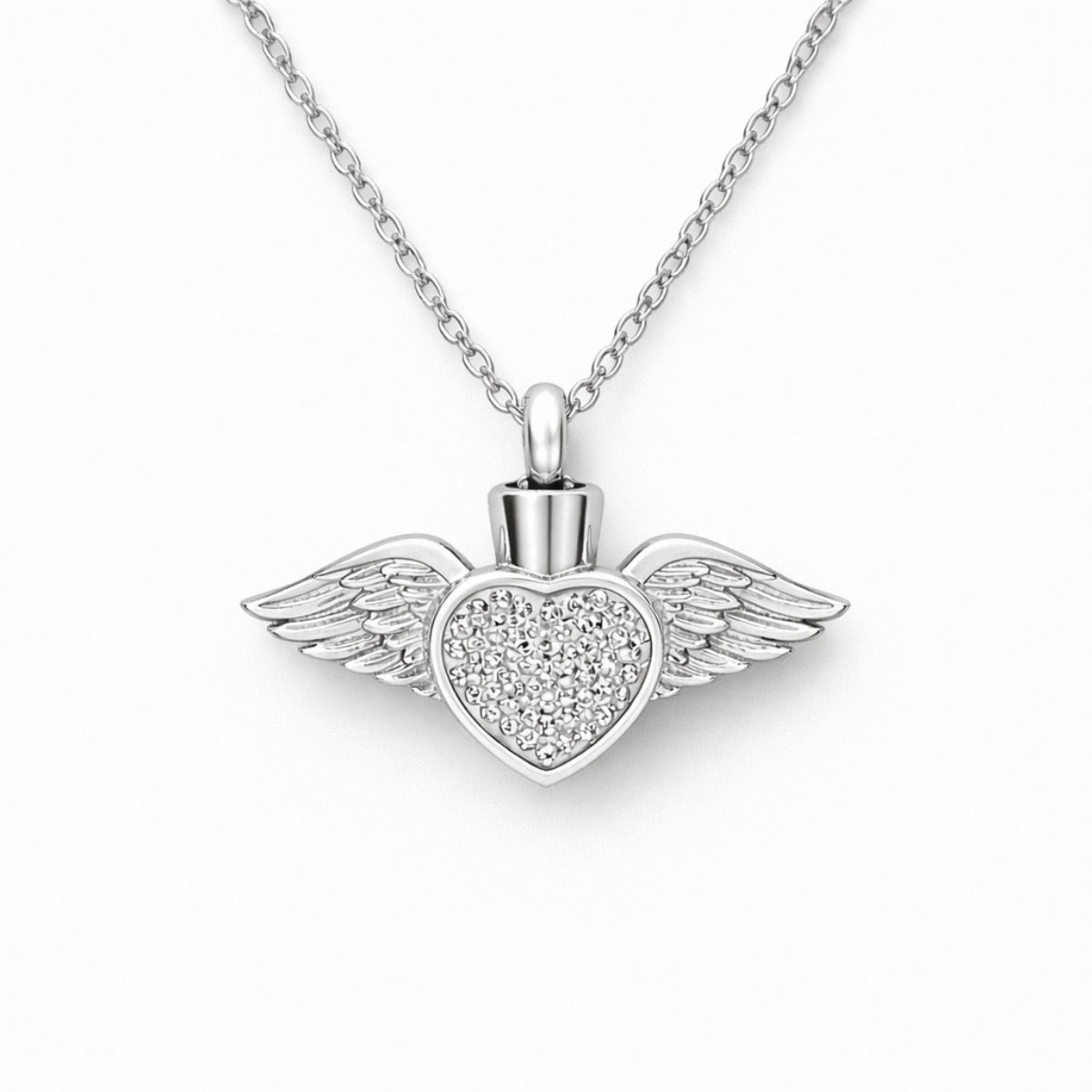 Collier cœur ailé urne en acier inoxydable argenté avec compartiment sécurisé intégré – Mementery