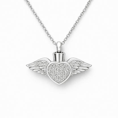 Collier cœur ailé urne en acier inoxydable argenté avec compartiment sécurisé intégré – Mementery