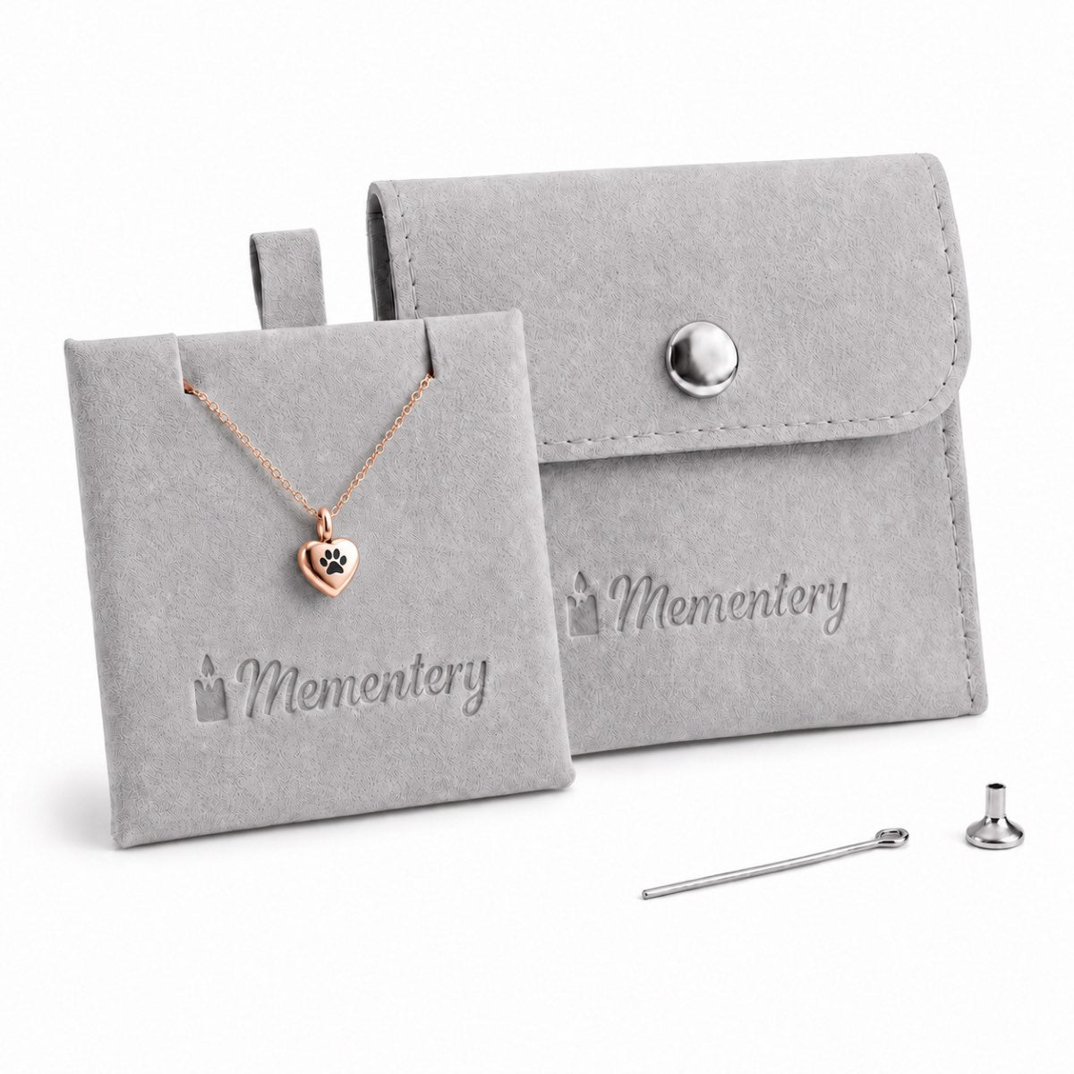 Coffret Mementery avec collier cœur empreinte rose, pochon velours et kit de remplissage inclus