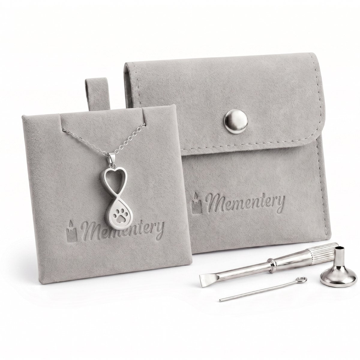 Coffret Mementery avec collier empreinte éternelle argenté, pochon velours et kit de remplissage inclus