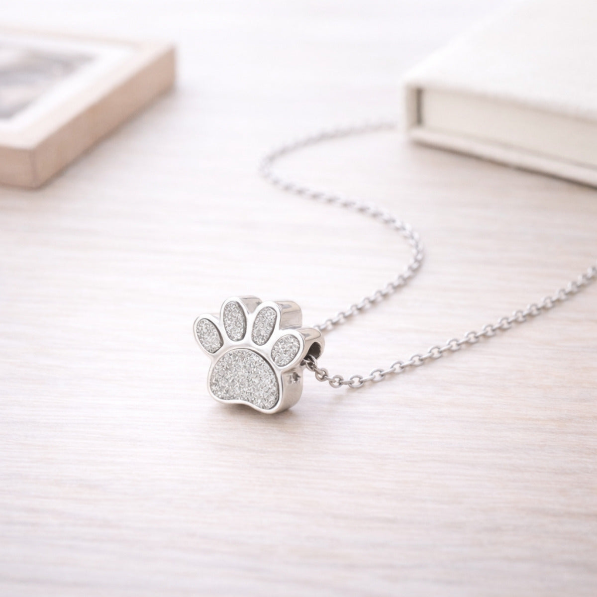 Collier empreinte fidèle en acier inoxydable argenté dans une ambiance élégante et minimaliste