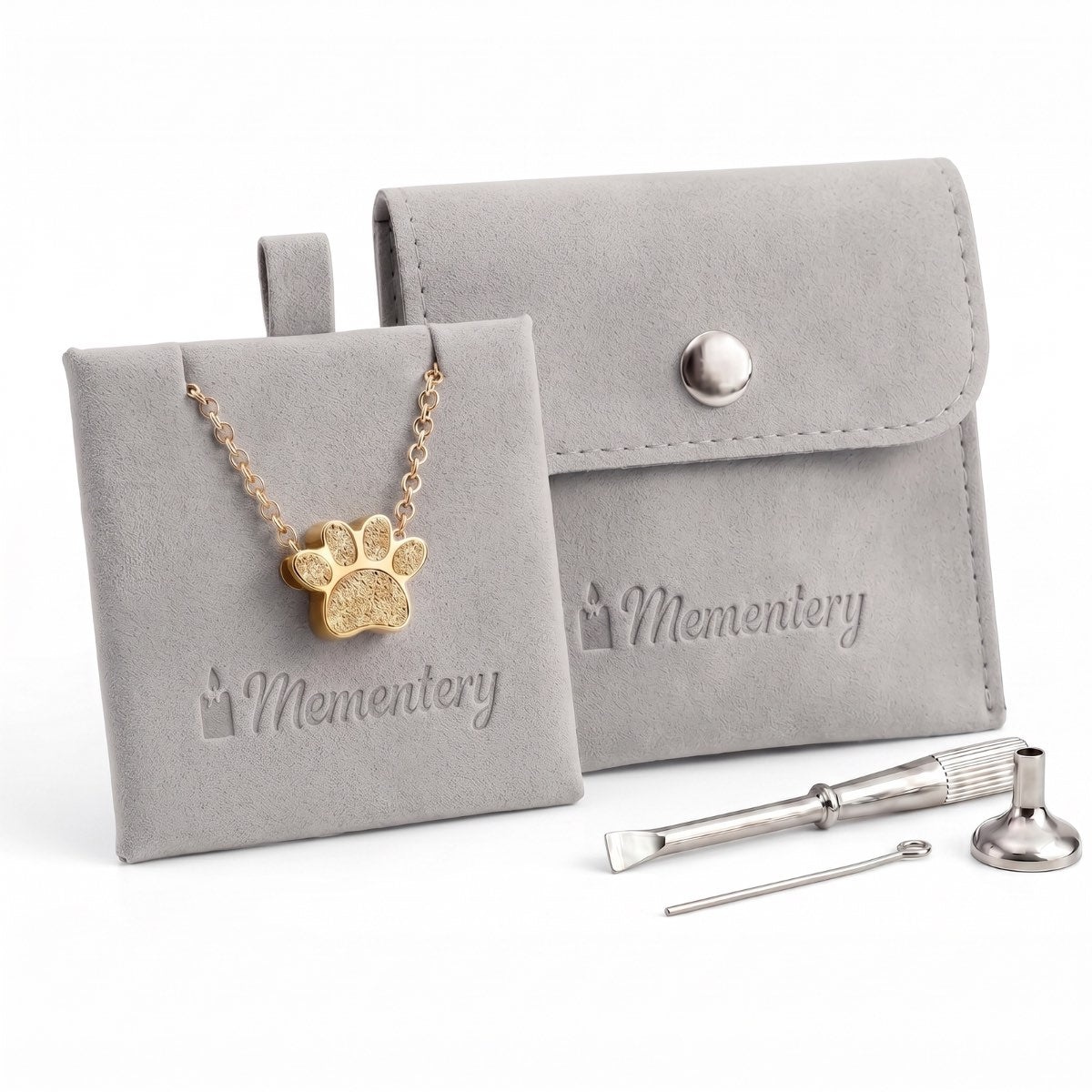 Coffret Mementery avec collier empreinte fidèle doré, pochon velours et kit de remplissage inclus