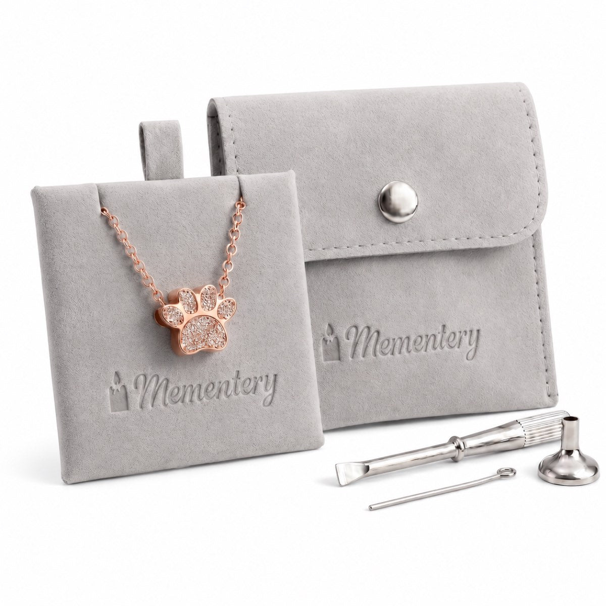 Coffret Mementery avec collier empreinte fidèle rose, pochon velours et kit de remplissage inclus