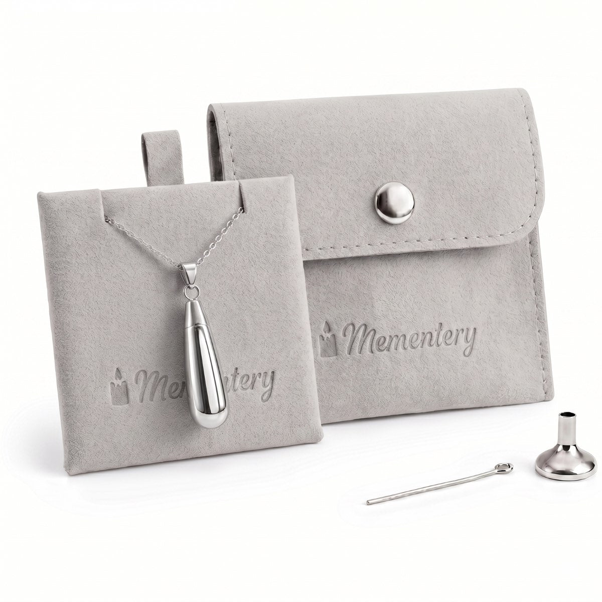 Coffret Mementery avec collier goutte argenté, pochon velours et kit de remplissage inclus