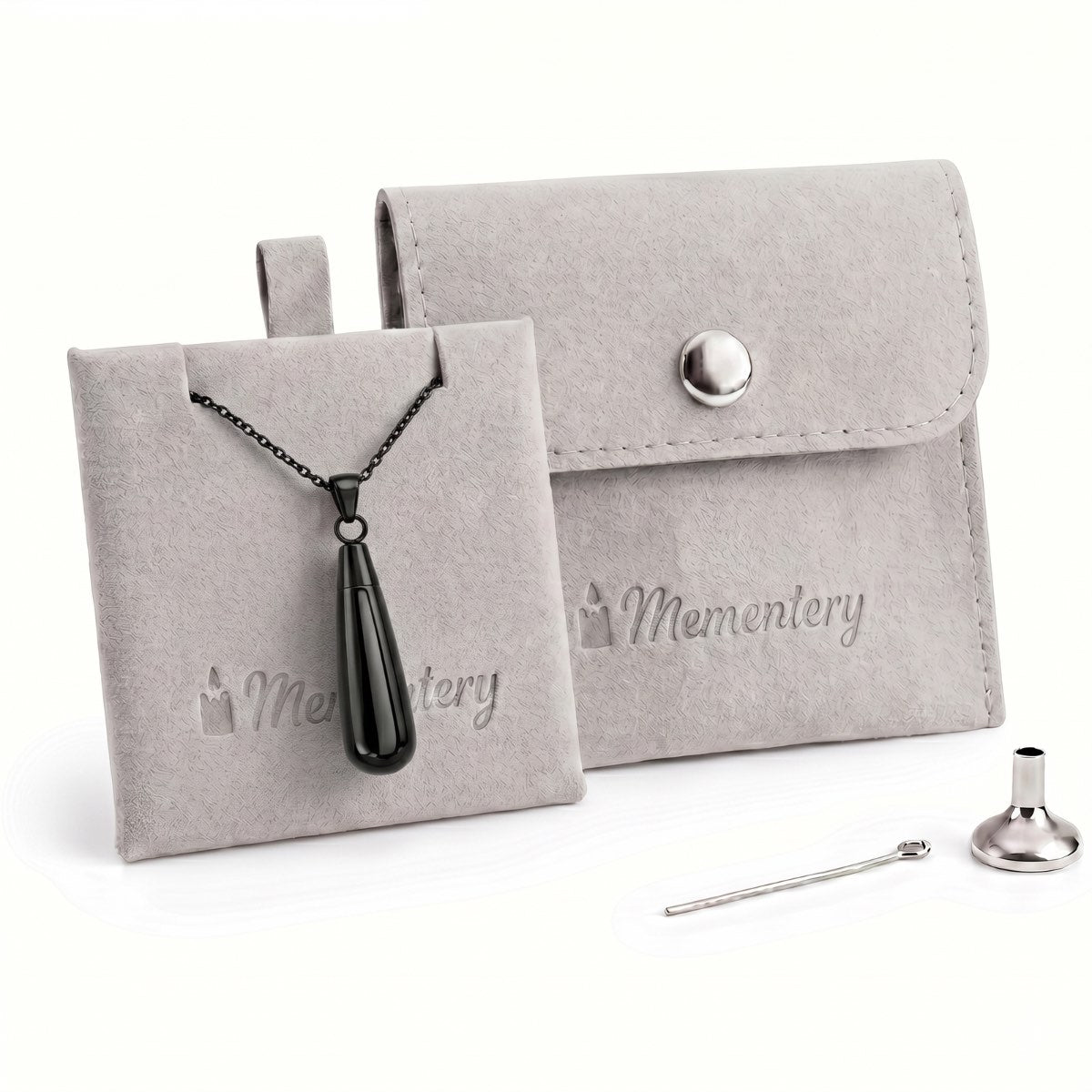 Coffret Mementery avec collier goutte noir, pochon velours et kit de remplissage inclus