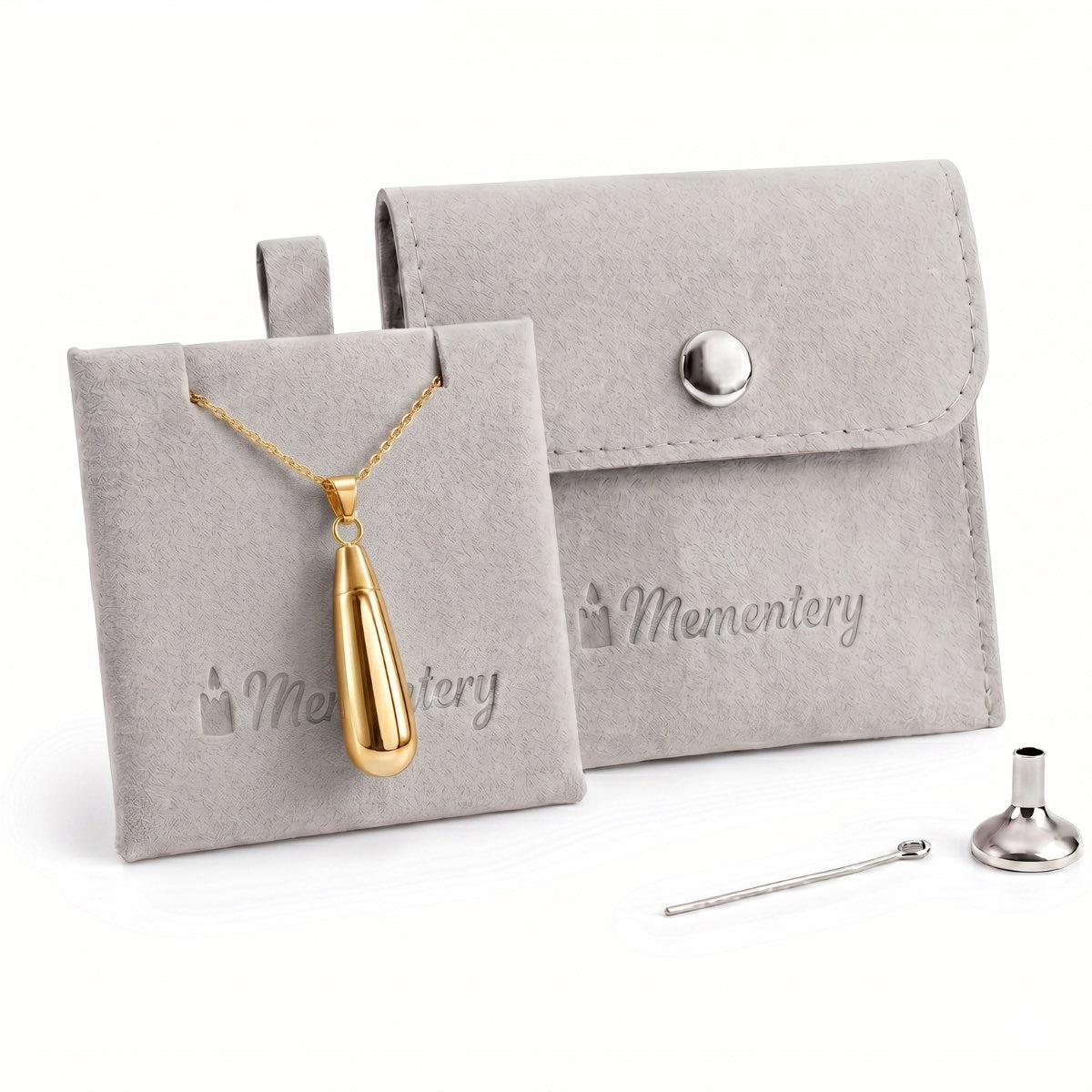 Coffret Mementery avec collier goutte doré, pochon velours et kit de remplissage inclus