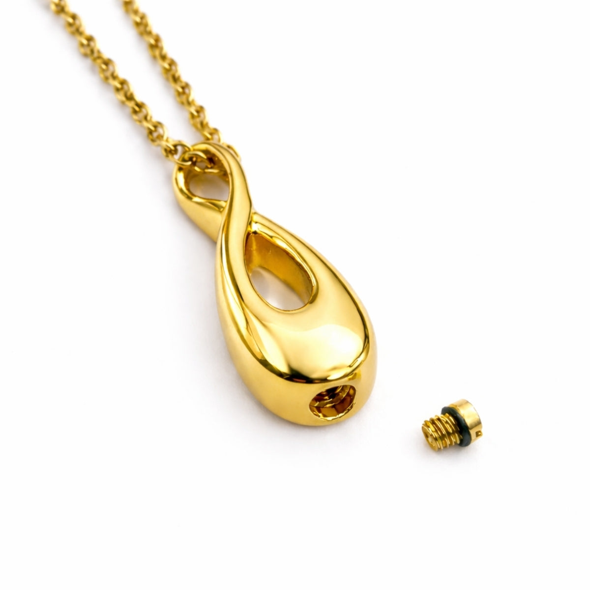 Détail du compartiment interne sécurisé du collier Lien Éternel urne doré avec fermeture à vis