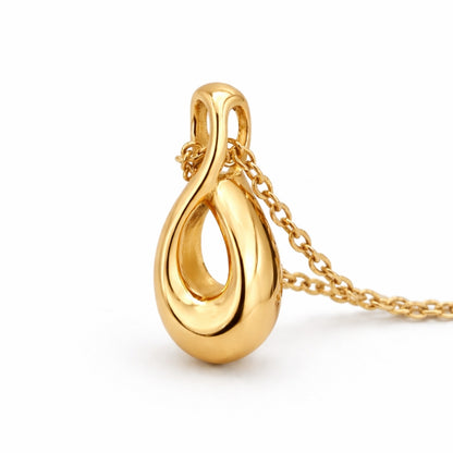 Vue 3/4 du collier Lien Éternel urne doré avec symbole infini et finition brillante