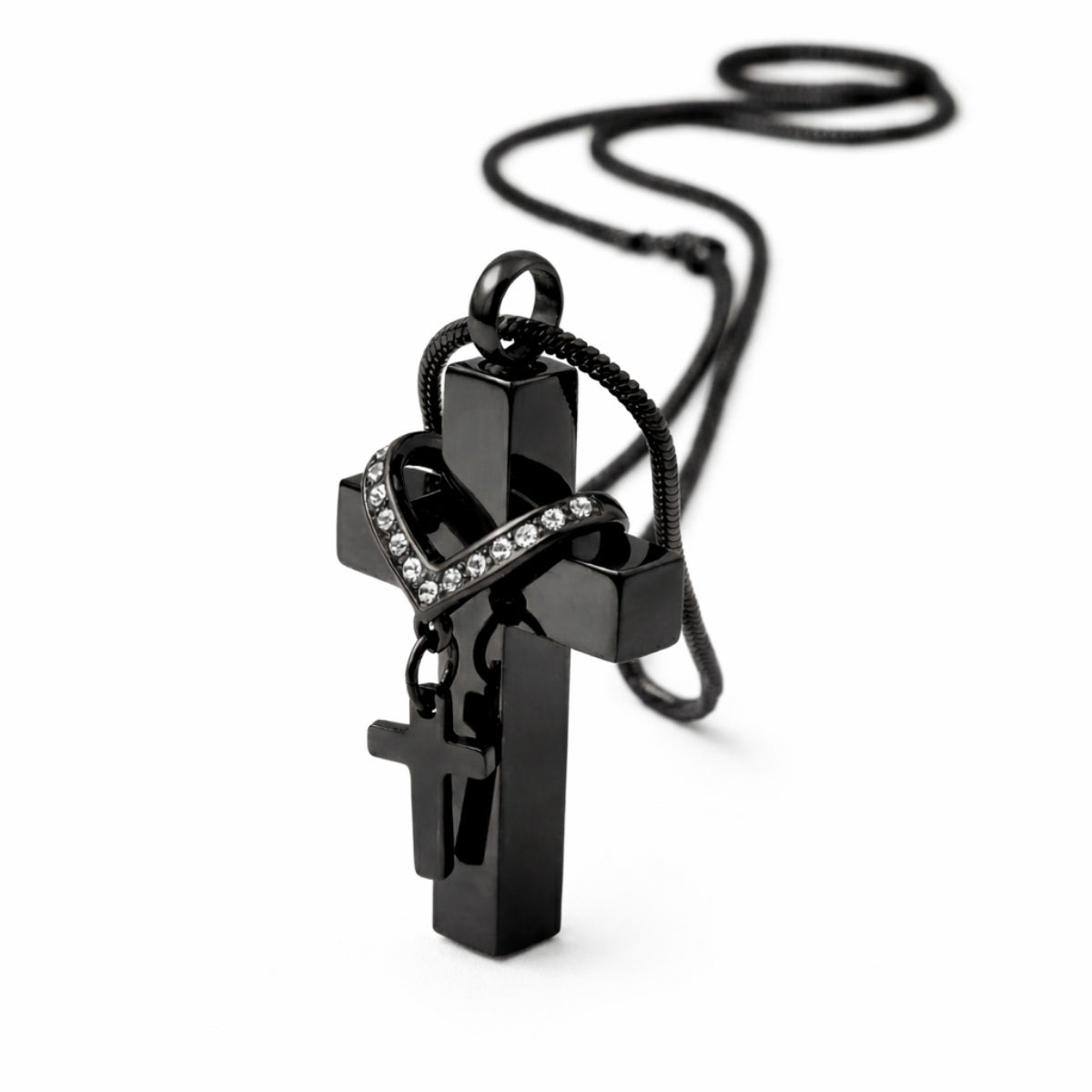 Vue 3/4 de la Croix du Souvenir urne noir avec double croix et finition lisse